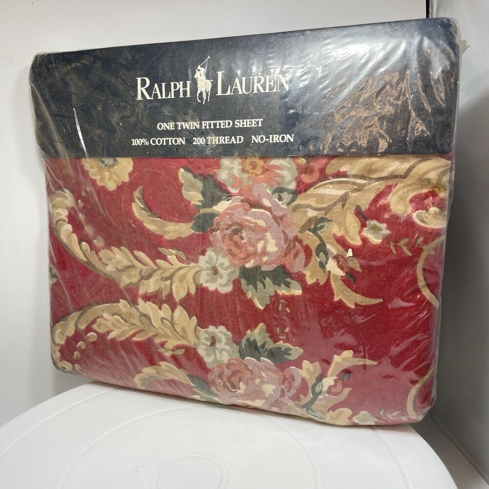 VTG Ralph Lauren Danielle Floral Red Twin Fitted Sheet 200 TC 100% Cotton NOS